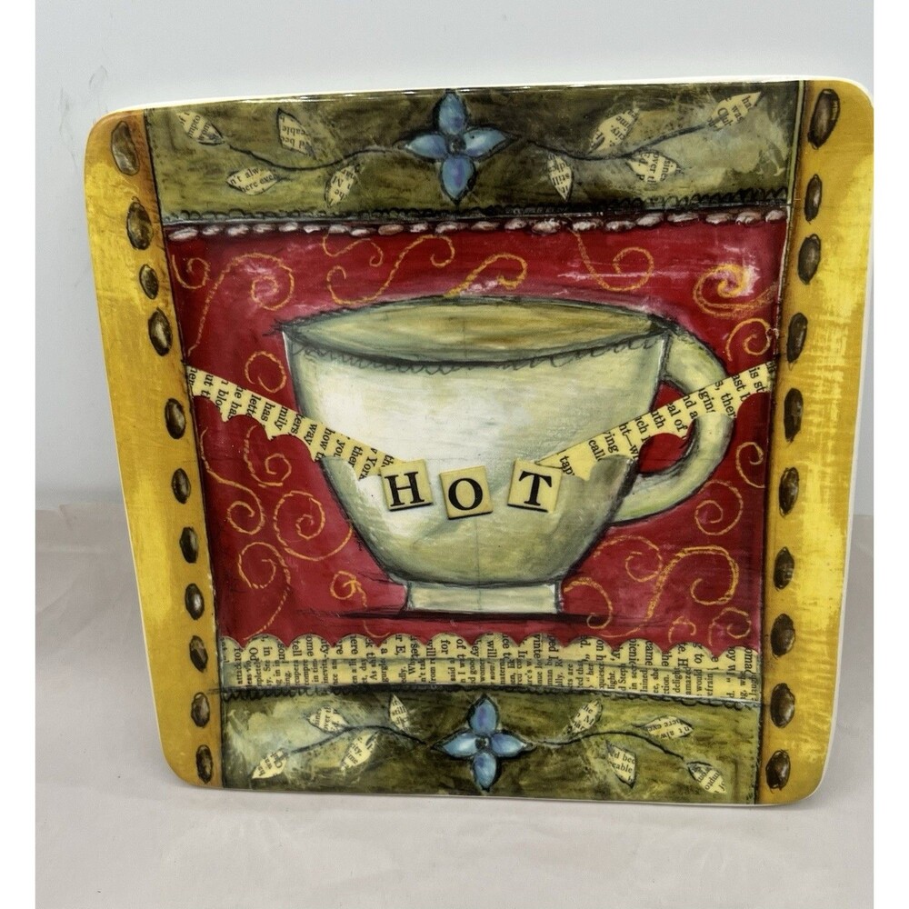 Certified International Ceramic Square Plate Coffee Cup Red Black Beige